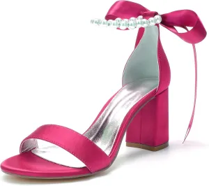 Hyinlays Chunky Block Heels for Women High Heel with Pearls Ankle Strap Wedding Shoes Open Toe Heels Dressy Pumps Sandals
