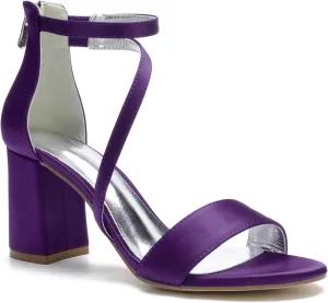 Hyinlays Women's Block Heel Pumps Dress Shoes Satin Ankle Strap Chunky Prom Wedding Pump Sandals