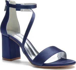 Hyinlays Women's Block Heel Pumps Dress Shoes Satin Ankle Strap Chunky Prom Wedding Pump Sandals