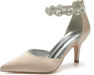Hyinlays Women's Closed Pointed Toe High Heel Satin Ankle Strap Pumps Wedding Bridal Evening Party Dress Shoes