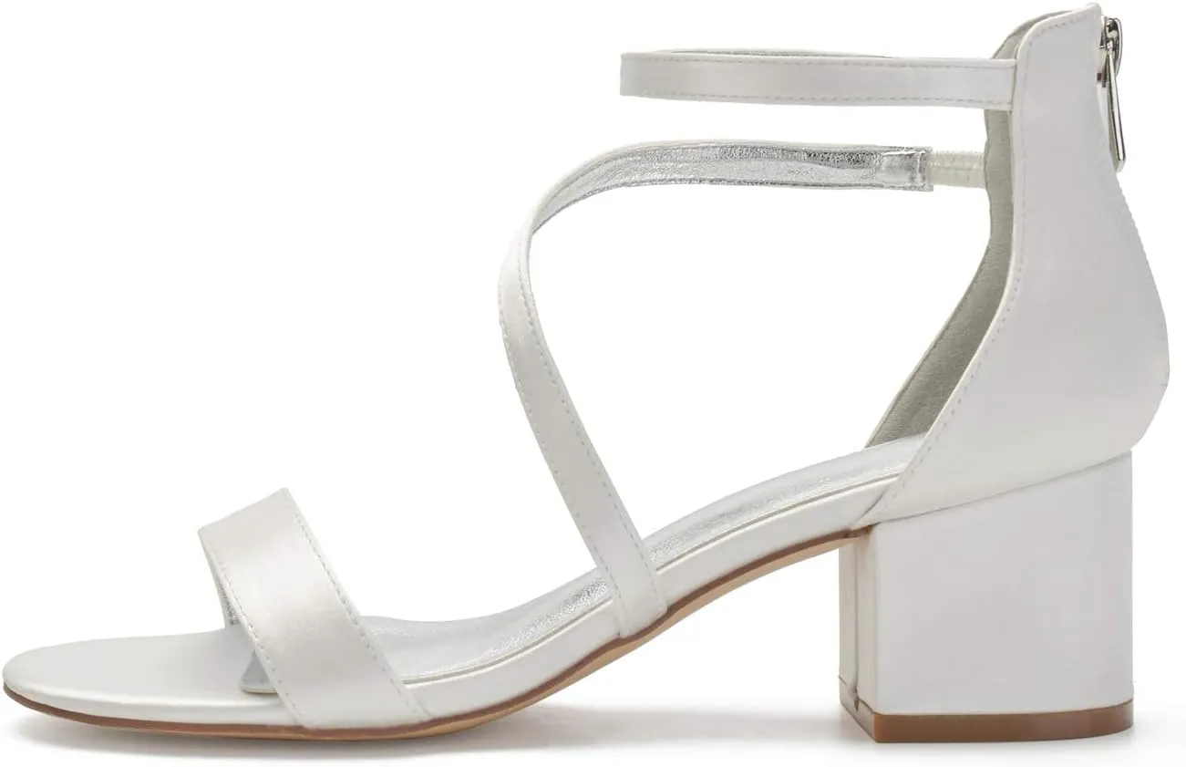 Hyinlays Women's Low Wedding Heel Open Toe Ankle Strap Block Chunky Heels Sandals for Bride Evening Party Dress Pump Shoes