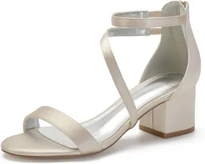 Hyinlays Women's Low Wedding Heel Open Toe Ankle Strap Block Chunky Heels Sandals for Bride Evening Party Dress Pump Shoes