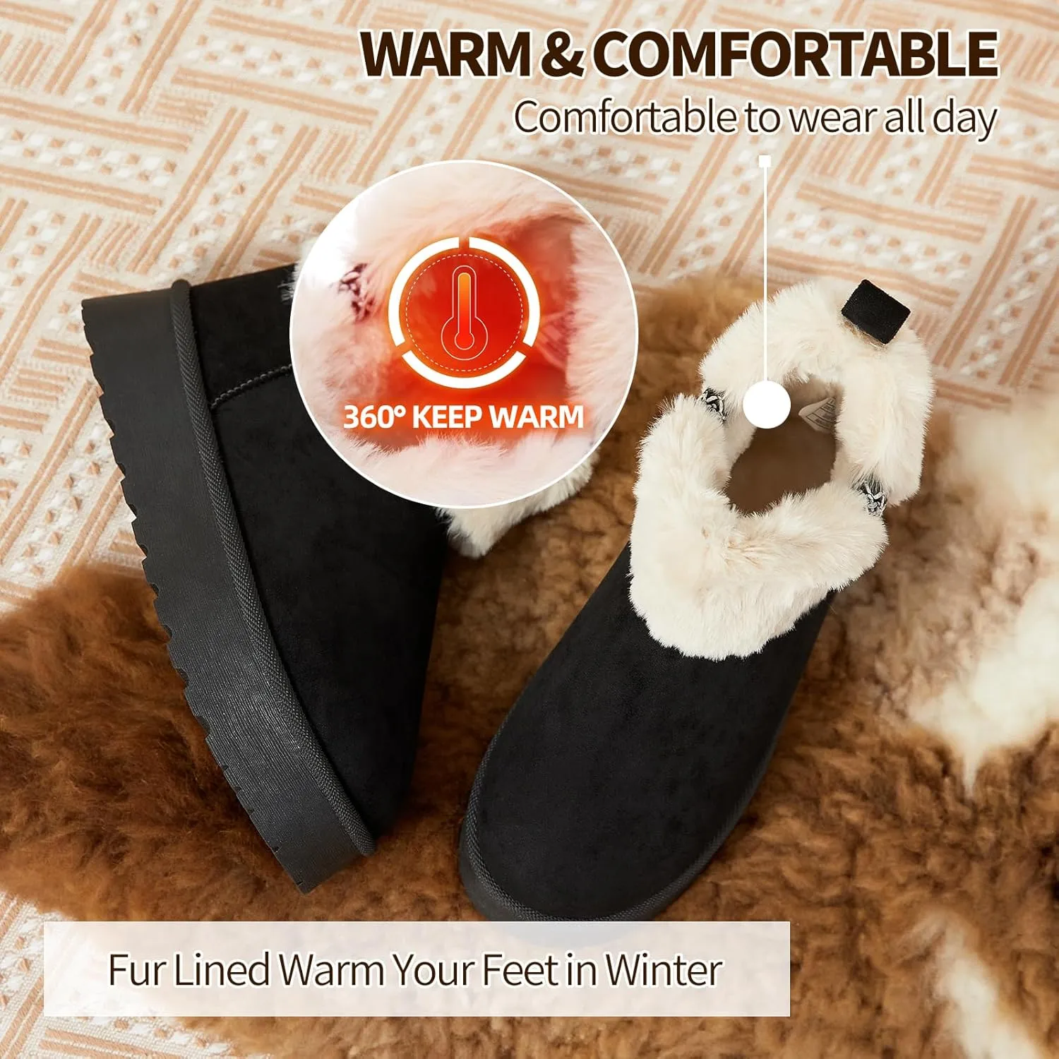 HYPOCRUTE Womens Winter Boots Fur Snow Boots Ankle Booties Fuzzy Warm Platform Short Boots for Women Slip on Boots