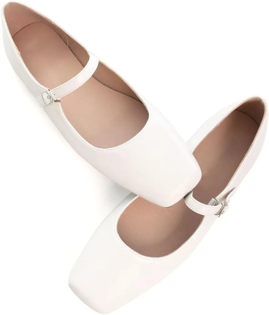 INEELUYI Women's Mary Jane Flats Retro Square Toe Soft Ballet Flats Comfort One Line Strap Dress Flats