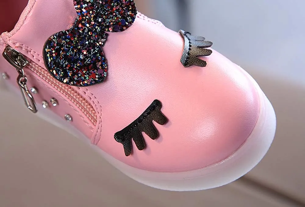 Infant Girls LED Crystal Boots Toddler Luminous Zipper High Top Sport Shoes Bowknot Pearl Water Proof Shoes