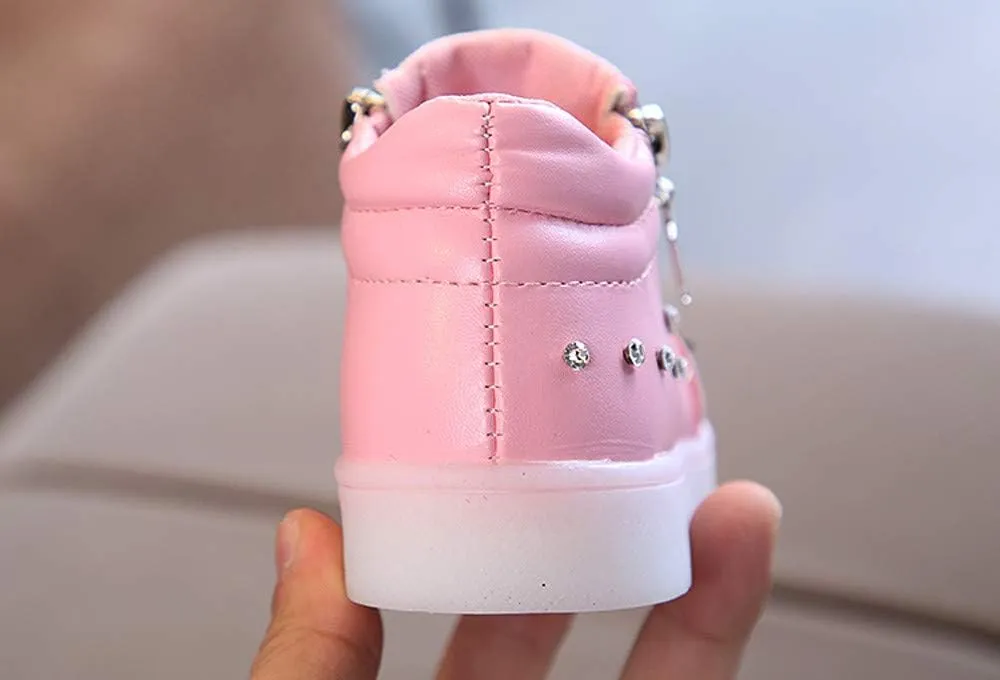Infant Girls LED Crystal Boots Toddler Luminous Zipper High Top Sport Shoes Bowknot Pearl Water Proof Shoes