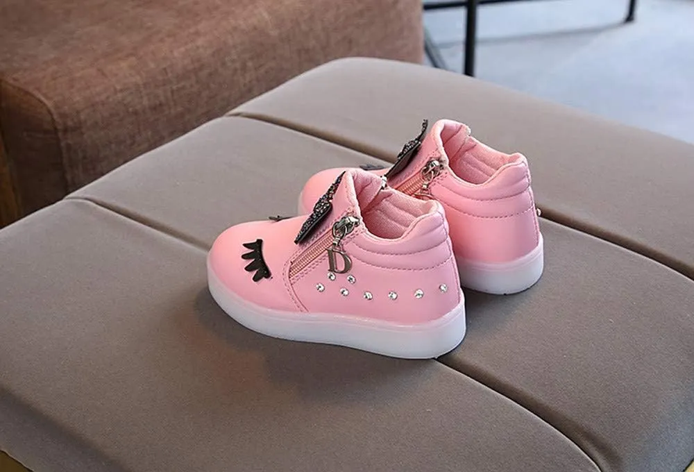Infant Girls LED Crystal Boots Toddler Luminous Zipper High Top Sport Shoes Bowknot Pearl Water Proof Shoes