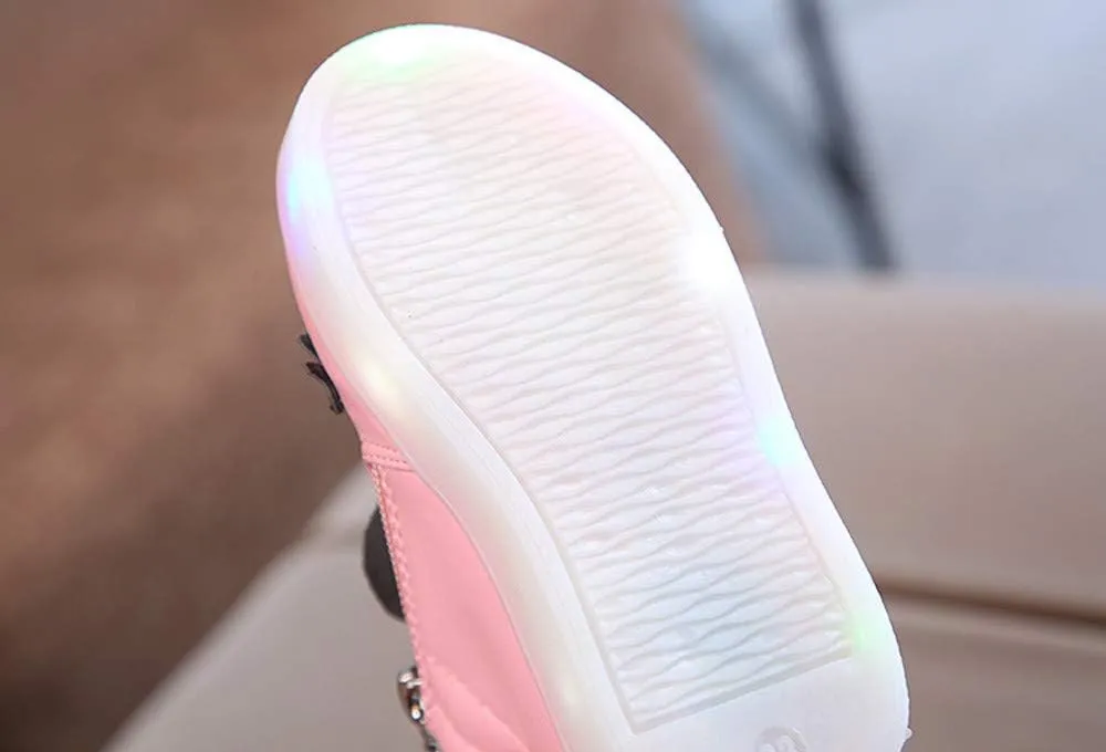 Infant Girls LED Crystal Boots Toddler Luminous Zipper High Top Sport Shoes Bowknot Pearl Water Proof Shoes