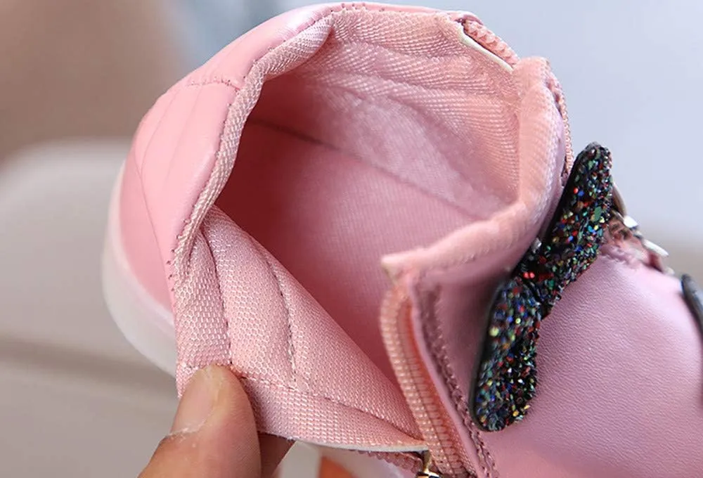 Infant Girls LED Crystal Boots Toddler Luminous Zipper High Top Sport Shoes Bowknot Pearl Water Proof Shoes