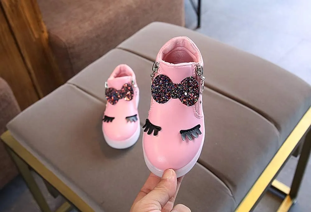 Infant Girls LED Crystal Boots Toddler Luminous Zipper High Top Sport Shoes Bowknot Pearl Water Proof Shoes