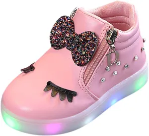 Infant Girls LED Crystal Boots Toddler Luminous Zipper High Top Sport Shoes Bowknot Pearl Water Proof Shoes