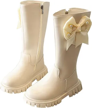 𝗣ink Toddler Cow-girl Boots With Zipper Girls Leather Mid Length Tall Boots Childrens Soft Slip On 𝐖aterproof Snowboots