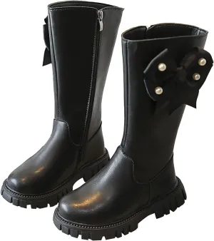 𝗣ink Toddler Cow-girl Boots With Zipper Girls Leather Mid Length Tall Boots Childrens Soft Slip On 𝐖aterproof Snowboots