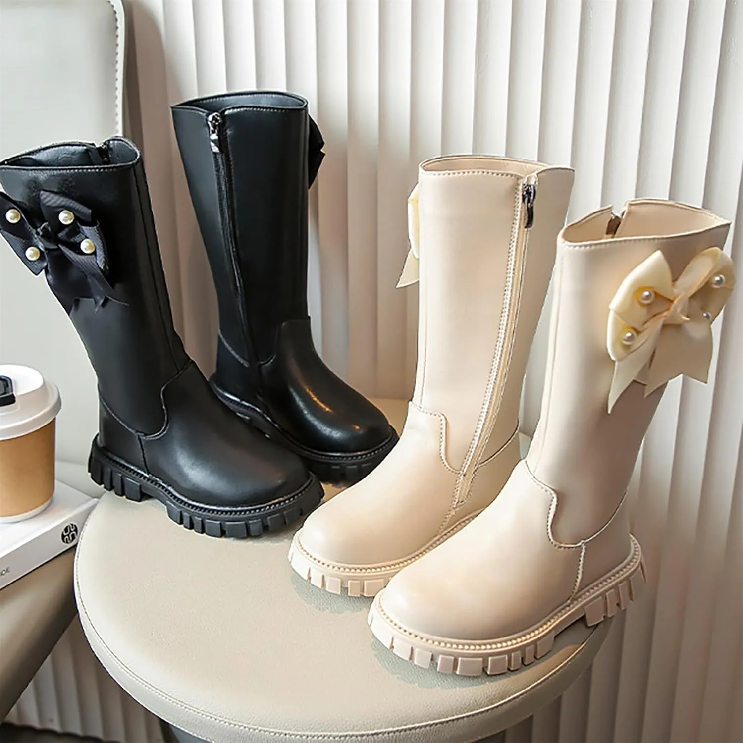 𝗣ink Toddler Cow-girl Boots With Zipper Girls Leather Mid Length Tall Boots Childrens Soft Slip On 𝐖aterproof Snowboots