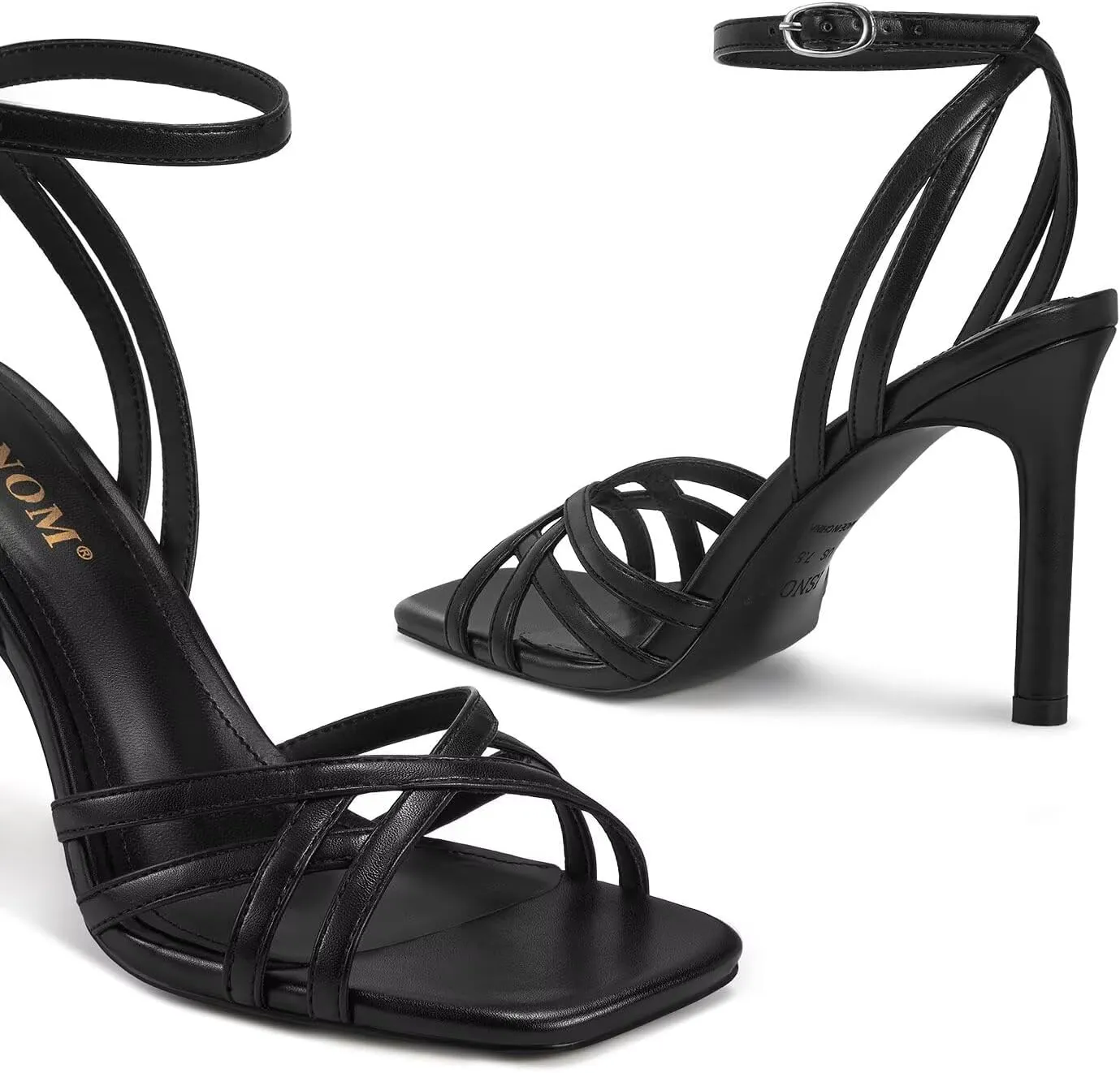ISNOM Strappy Heels for Women with Ankle Strap Square Toe High Heeled Sandals for Wedding Party Club Dress