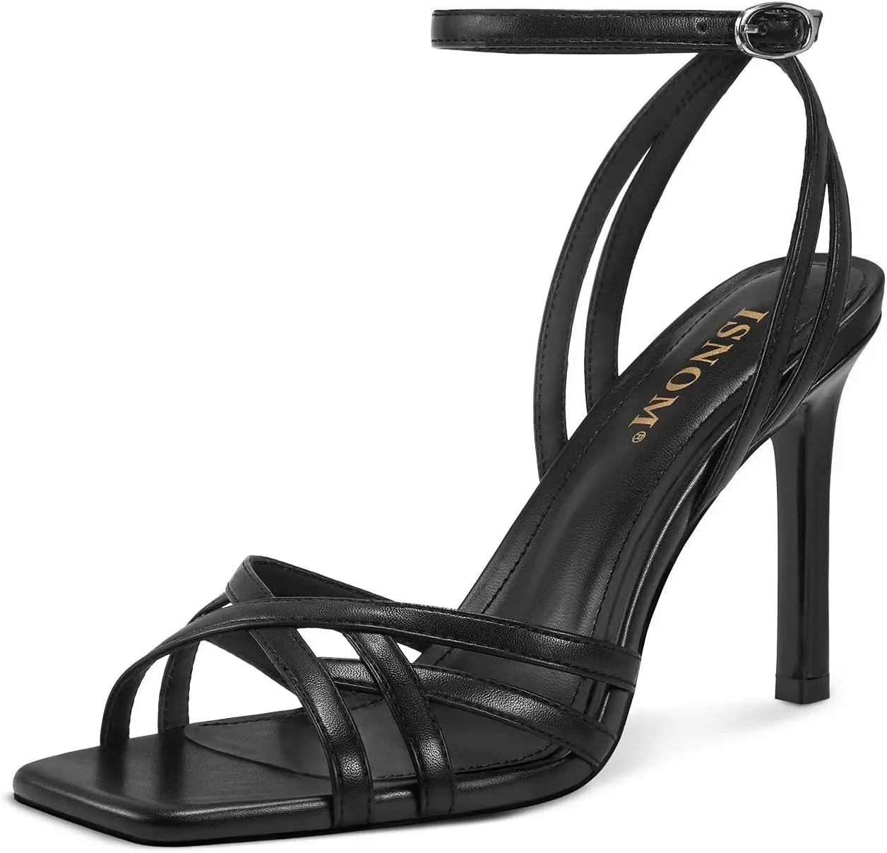 ISNOM Strappy Heels for Women with Ankle Strap Square Toe High Heeled Sandals for Wedding Party Club Dress