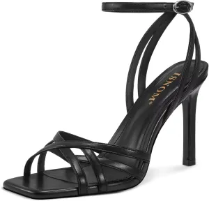 ISNOM Strappy Heels for Women with Ankle Strap Square Toe High Heeled Sandals for Wedding Party Club Dress