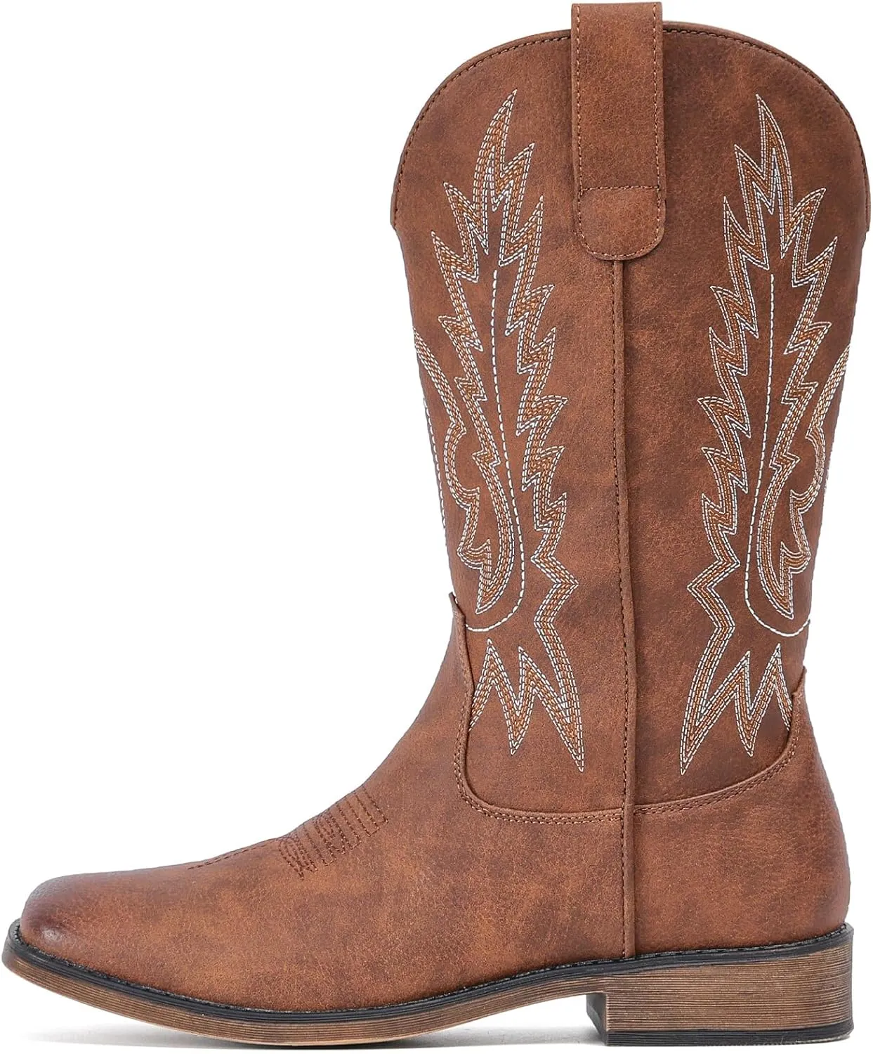 IUV Cowboy Boots For Women Square Toe Western Boots Mid Calf Cowgirl Boots Pull On Embroidered Brown Cowboy Boots
