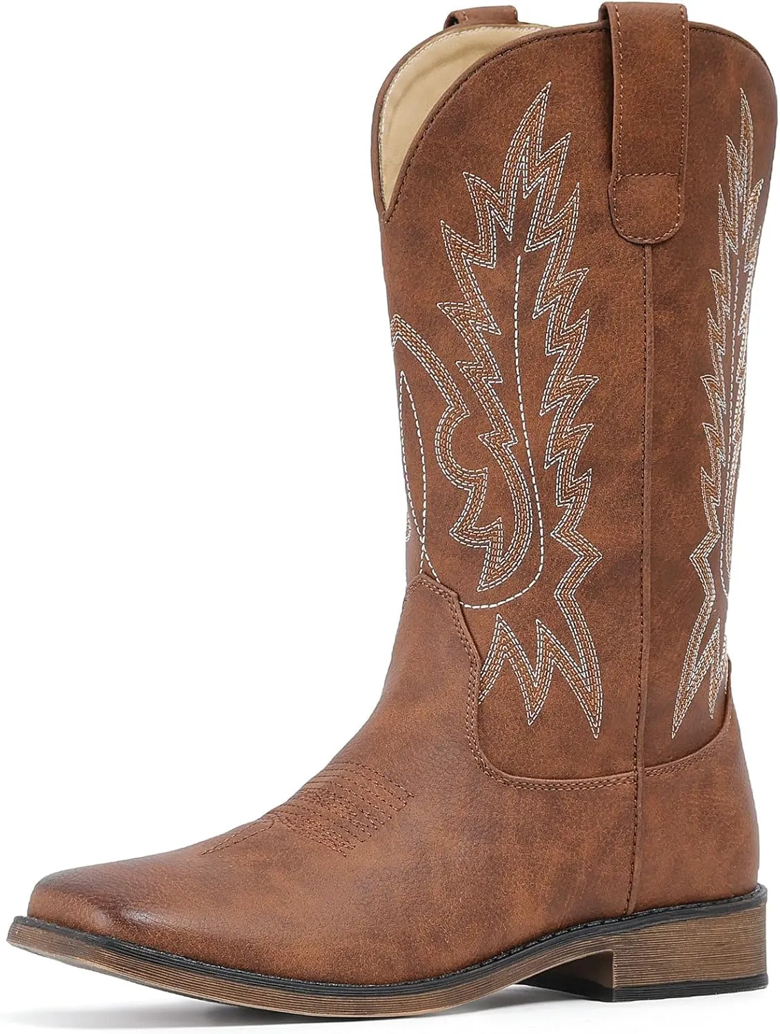 IUV Cowboy Boots For Women Square Toe Western Boots Mid Calf Cowgirl Boots Pull On Embroidered Brown Cowboy Boots