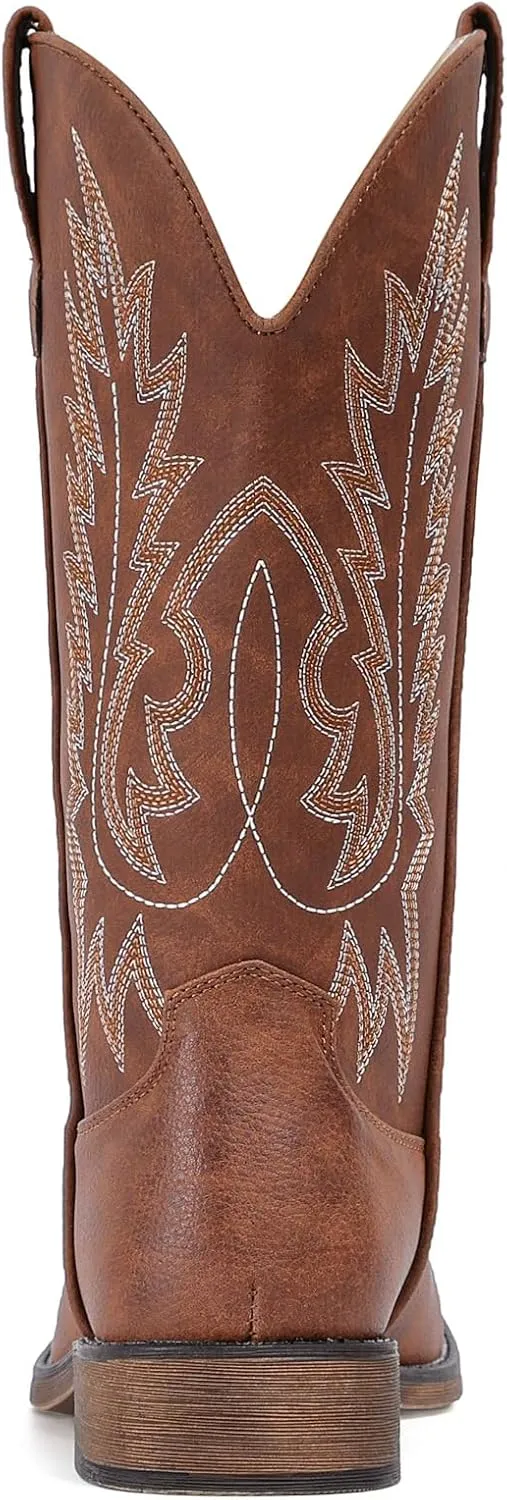 IUV Cowboy Boots For Women Square Toe Western Boots Mid Calf Cowgirl Boots Pull On Embroidered Brown Cowboy Boots