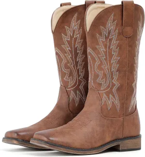 IUV Cowboy Boots For Women Square Toe Western Boots Mid Calf Cowgirl Boots Pull On Embroidered Brown Cowboy Boots