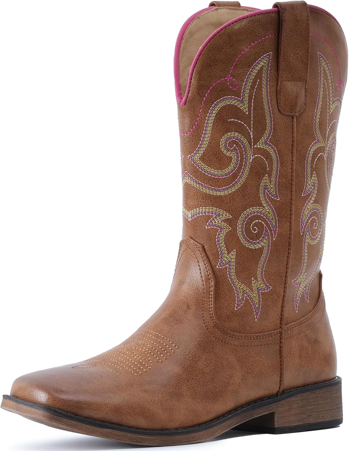 IUV Cowboy Boots For Women Square Toe Western Boots Mid Calf Cowgirl Boots Pull On Fashion Embroidered Cowboy Boots