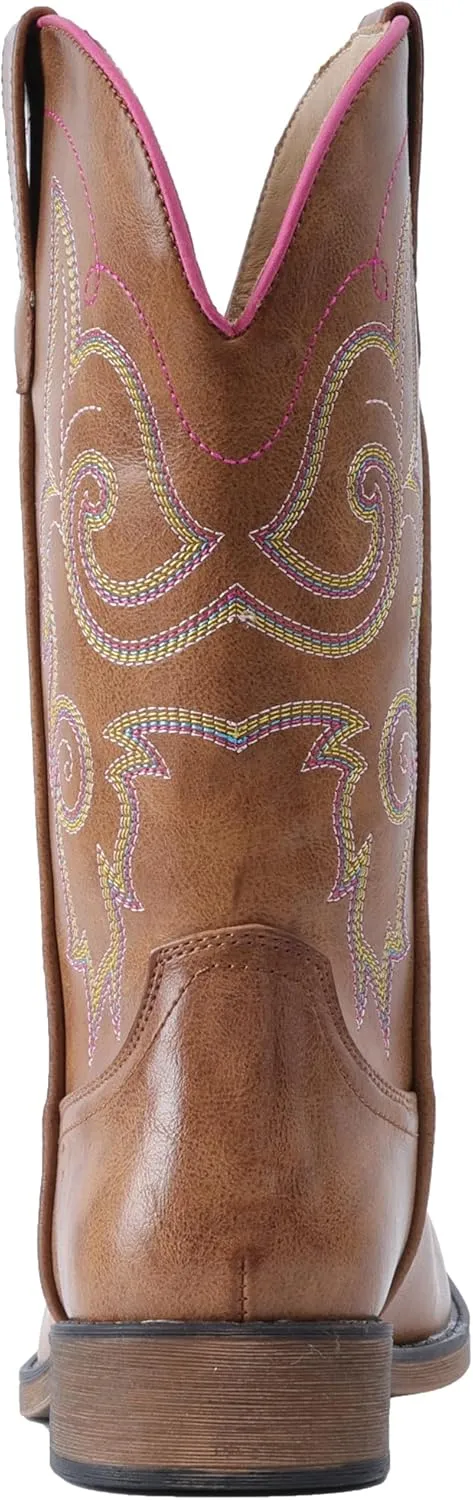 IUV Cowboy Boots For Women Square Toe Western Boots Mid Calf Cowgirl Boots Pull On Fashion Embroidered Cowboy Boots