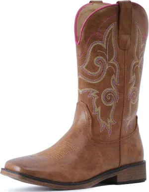 IUV Cowboy Boots For Women Square Toe Western Boots Mid Calf Cowgirl Boots Pull On Fashion Embroidered Cowboy Boots