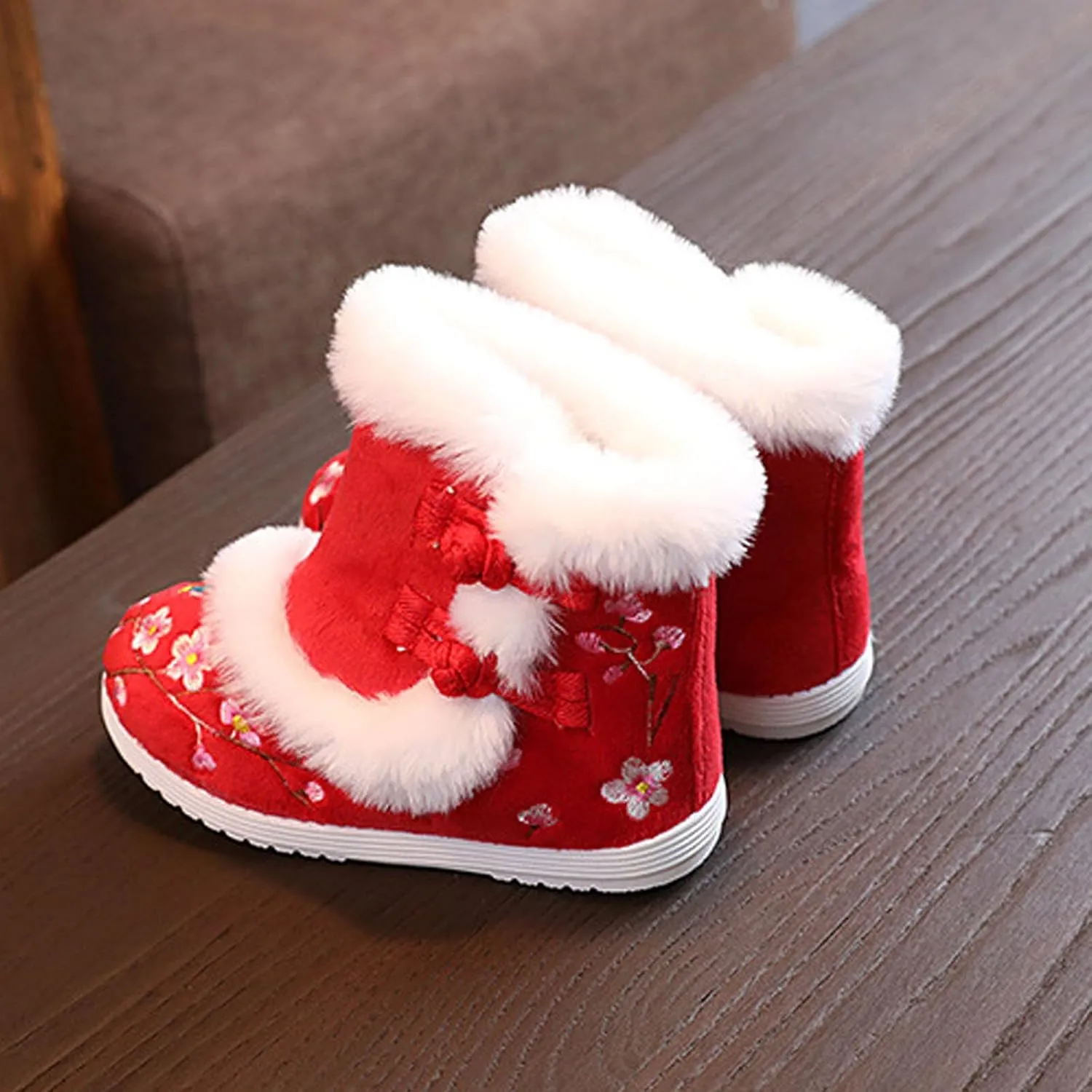 JadeRich Girls Floral Embroidery Fuzzy Bootie Slippers Warm Cozy Plush Winter Boots Indoor Outdoor for Toddlers Little Kids