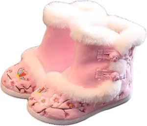JadeRich Girls Floral Embroidery Fuzzy Bootie Slippers Warm Cozy Plush Winter Boots Indoor Outdoor for Toddlers Little Kids