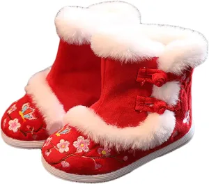 JadeRich Girls Floral Embroidery Fuzzy Bootie Slippers Warm Cozy Plush Winter Boots Indoor Outdoor for Toddlers Little Kids