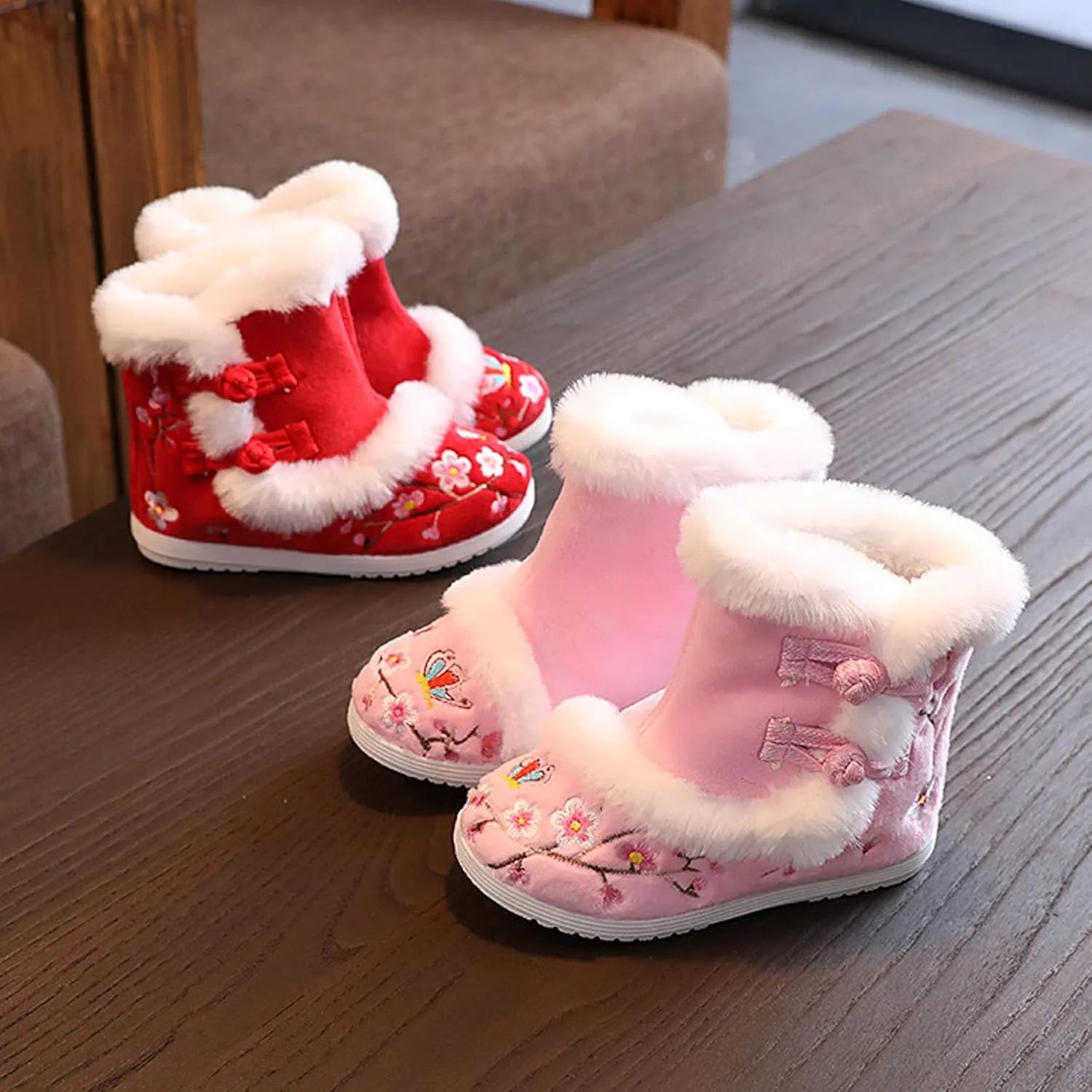 JadeRich Girls Floral Embroidery Fuzzy Bootie Slippers Warm Cozy Plush Winter Boots Indoor Outdoor for Toddlers Little Kids