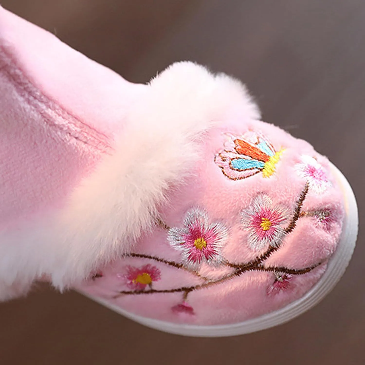 JadeRich Girls Floral Embroidery Fuzzy Bootie Slippers Warm Cozy Plush Winter Boots Indoor Outdoor for Toddlers Little Kids