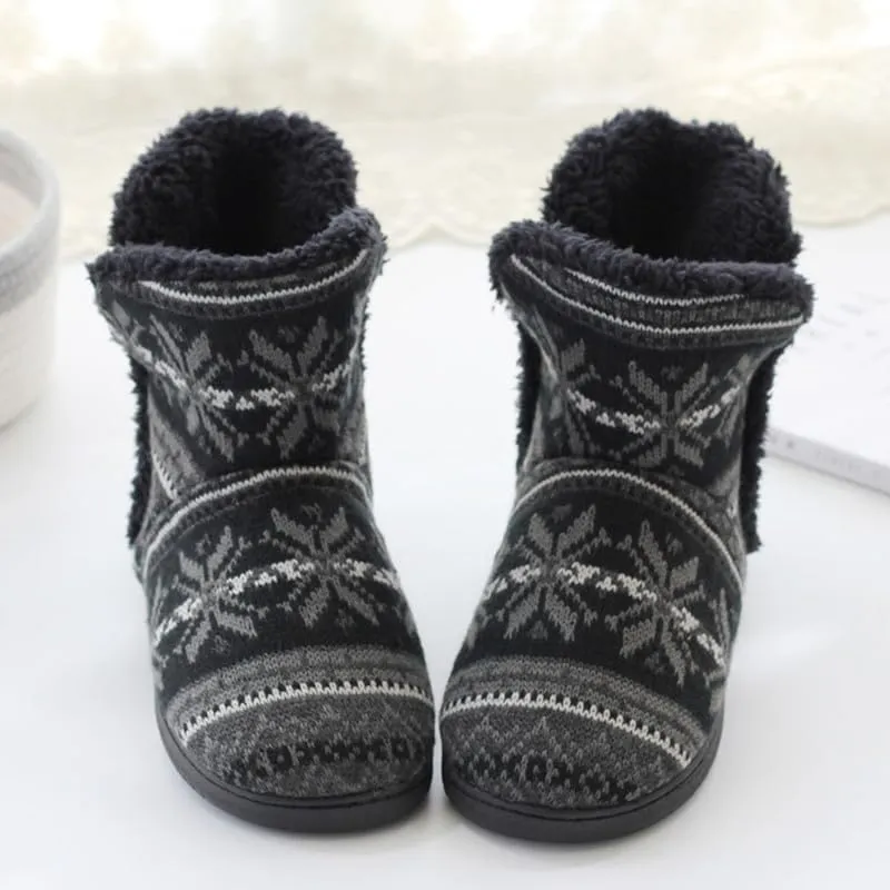 JadeRich Women's Comfy Knit Boot Slippers Fuzzy Plush Snowflake Pattern Bootie Slipper Memory Foam Soft Fleece Ankle Boots