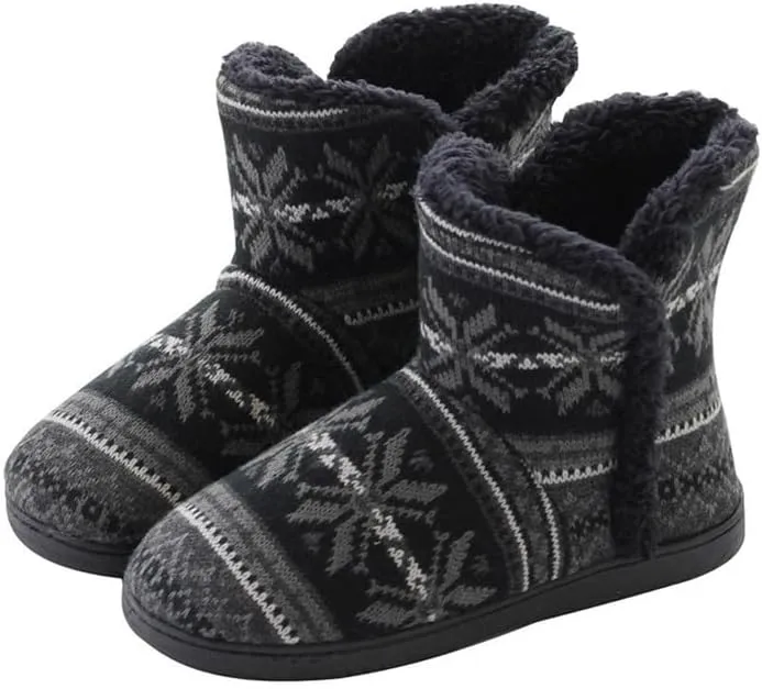 JadeRich Women's Comfy Knit Boot Slippers Fuzzy Plush Snowflake Pattern Bootie Slipper Memory Foam Soft Fleece Ankle Boots