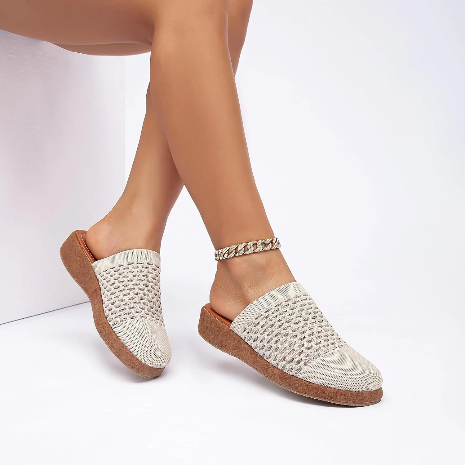 Jeesay Women's Slip On Mules Wedge Sandals Closed Toe Breathable Textile Slides Clogs Summer Shoes