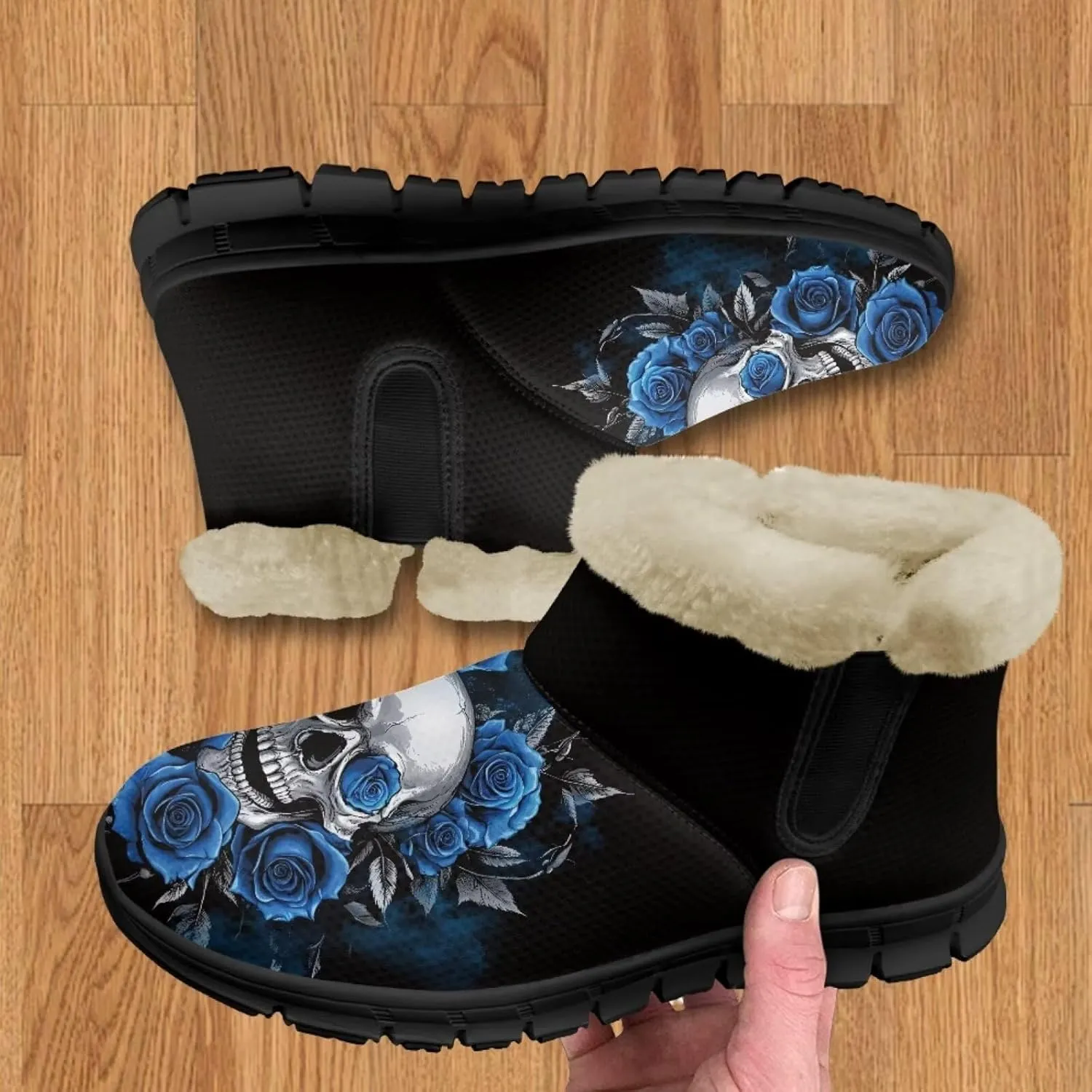 Jeiento Skull Womens Snow Boots Fuzzy Thickening Shoes Rose Lightweight Cozy Slip On Winter Shoes