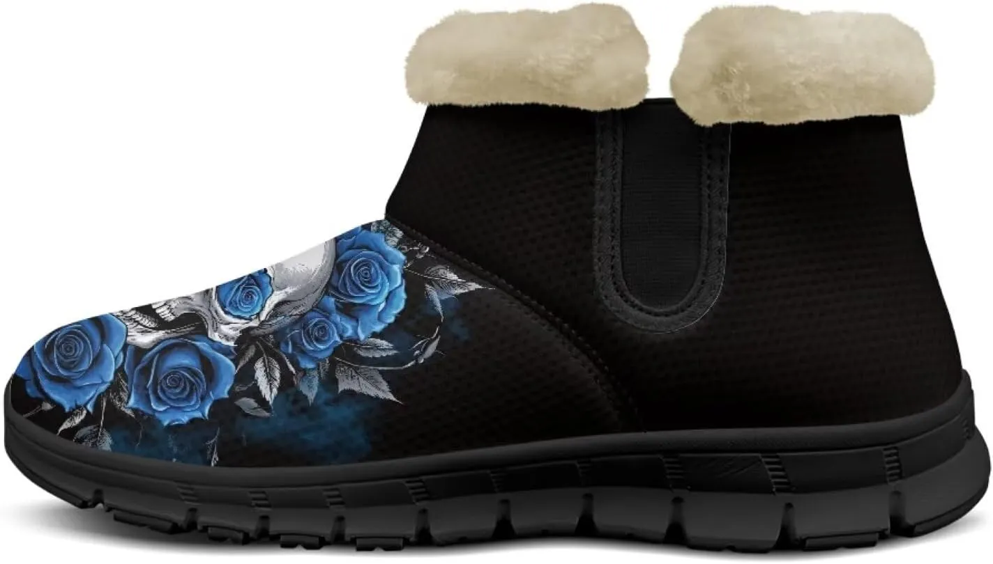 Jeiento Skull Womens Snow Boots Fuzzy Thickening Shoes Rose Lightweight Cozy Slip On Winter Shoes