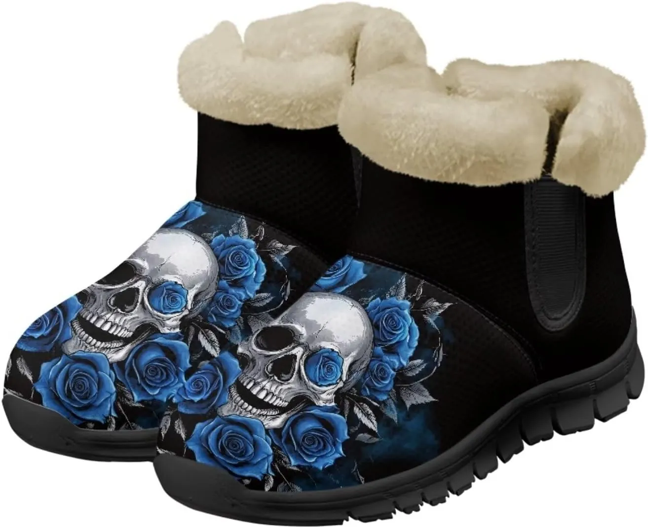 Jeiento Skull Womens Snow Boots Fuzzy Thickening Shoes Rose Lightweight Cozy Slip On Winter Shoes
