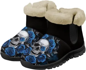 Jeiento Skull Womens Snow Boots Fuzzy Thickening Shoes Rose Lightweight Cozy Slip On Winter Shoes
