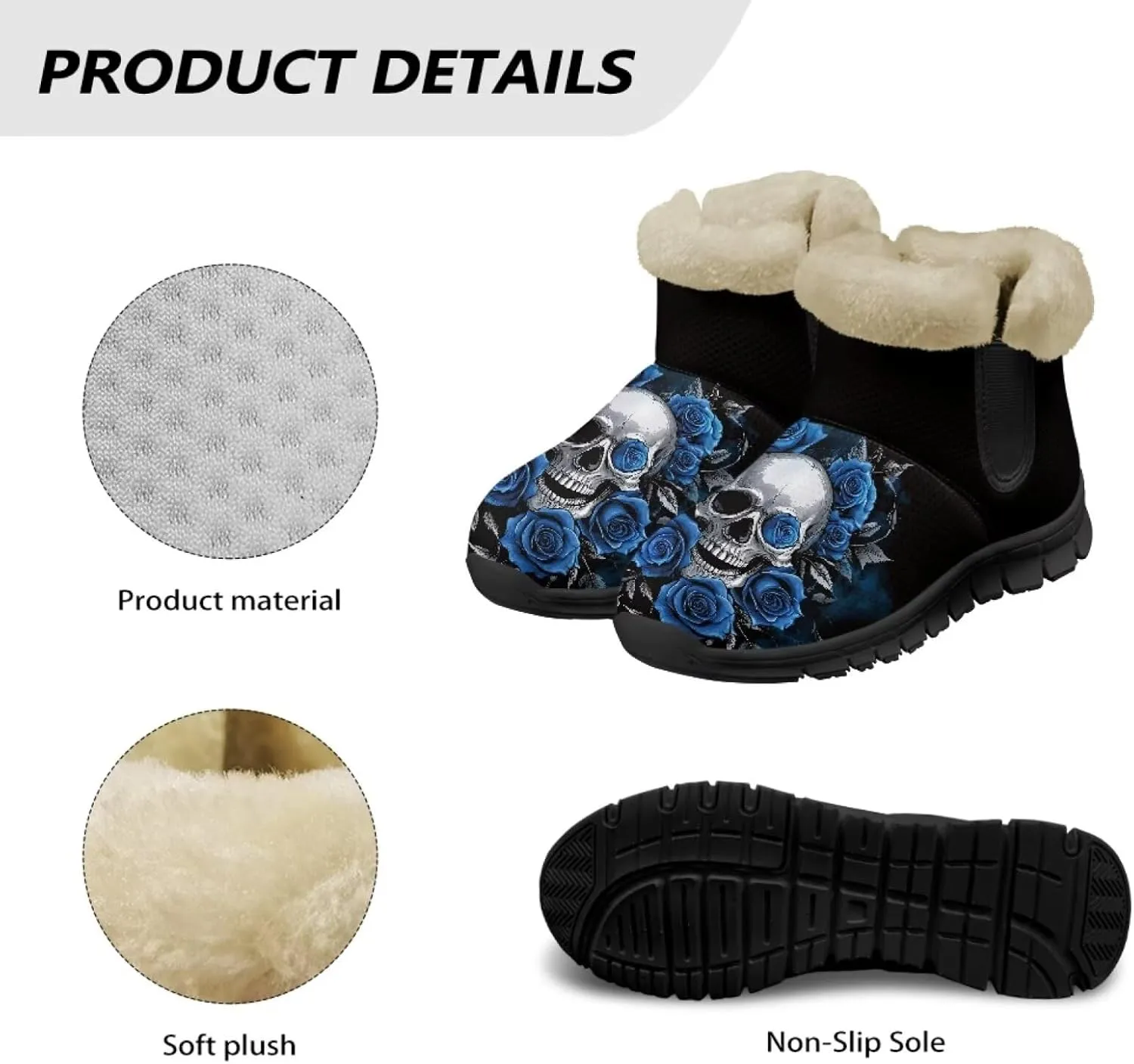 Jeiento Skull Womens Snow Boots Fuzzy Thickening Shoes Rose Lightweight Cozy Slip On Winter Shoes