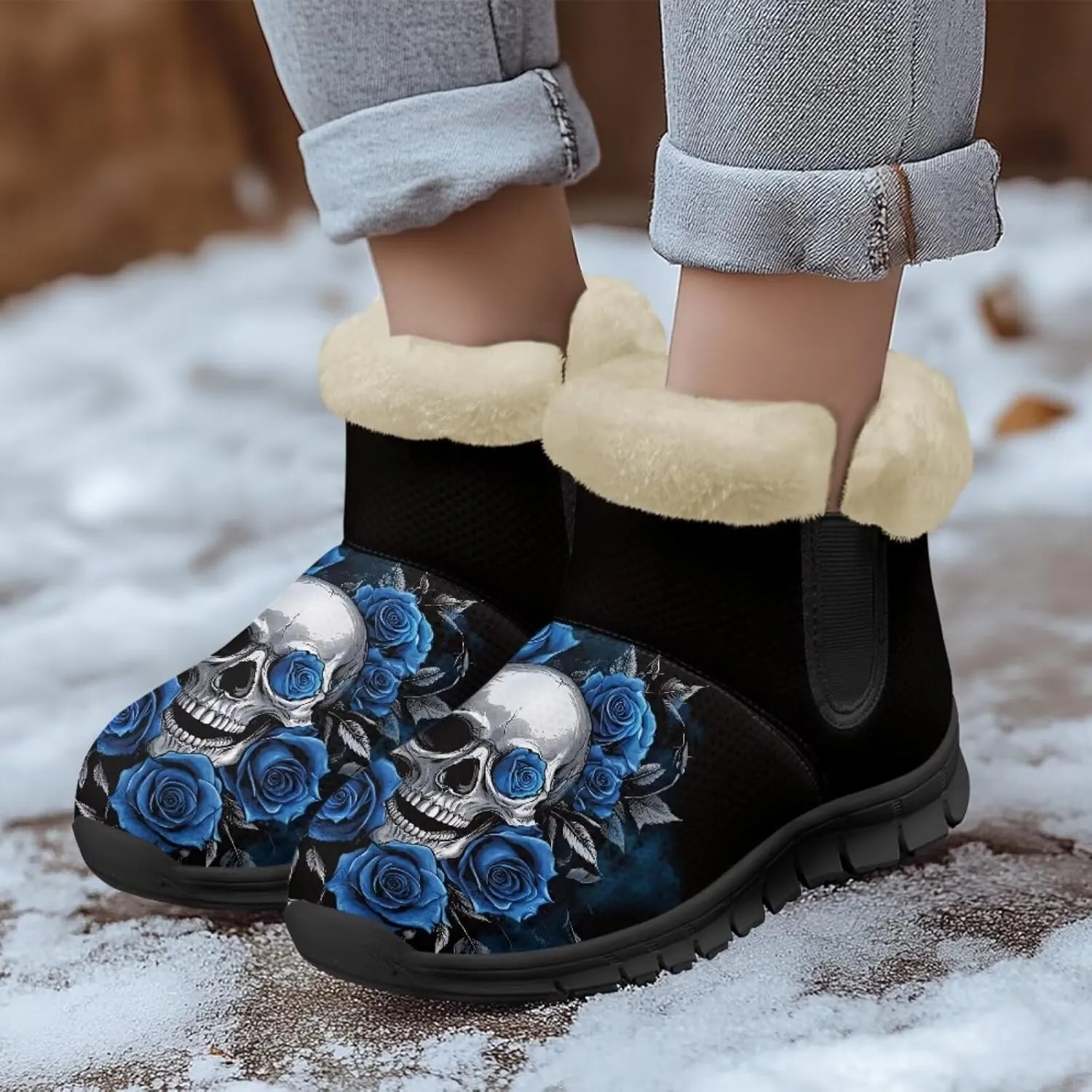 Jeiento Skull Womens Snow Boots Fuzzy Thickening Shoes Rose Lightweight Cozy Slip On Winter Shoes