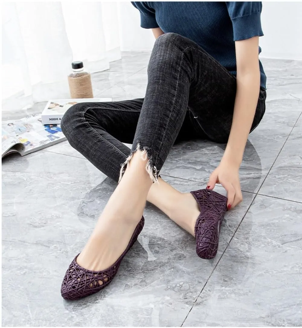 Jelly Mesh Ballet Flats for Women Clear Jelly Sandals Hollow Pointed Toe Loafers Slip on House Slippers Lightweight Breathable No Slip Pump Dressy Ballerina Shoes Summer Beach Party Cruise Vacation