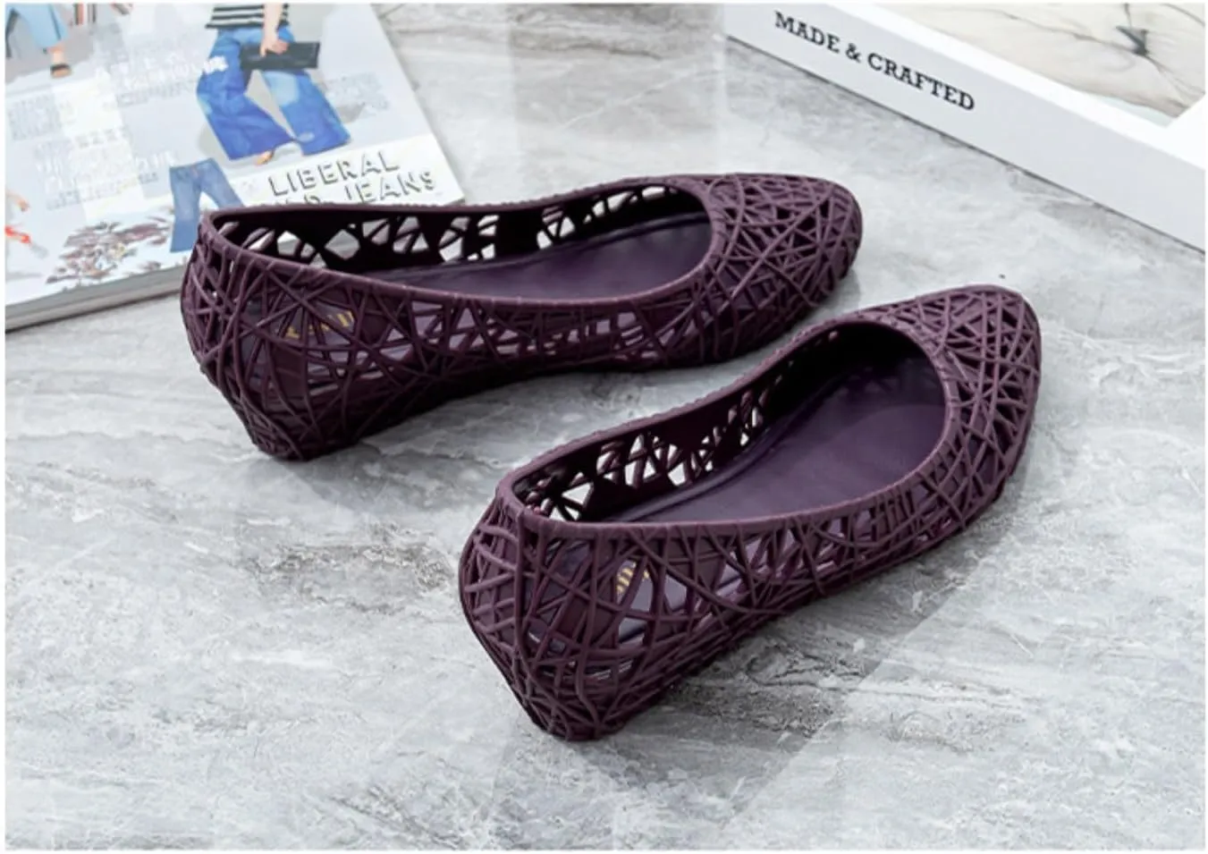 Jelly Mesh Ballet Flats for Women Clear Jelly Sandals Hollow Pointed Toe Loafers Slip on House Slippers Lightweight Breathable No Slip Pump Dressy Ballerina Shoes Summer Beach Party Cruise Vacation