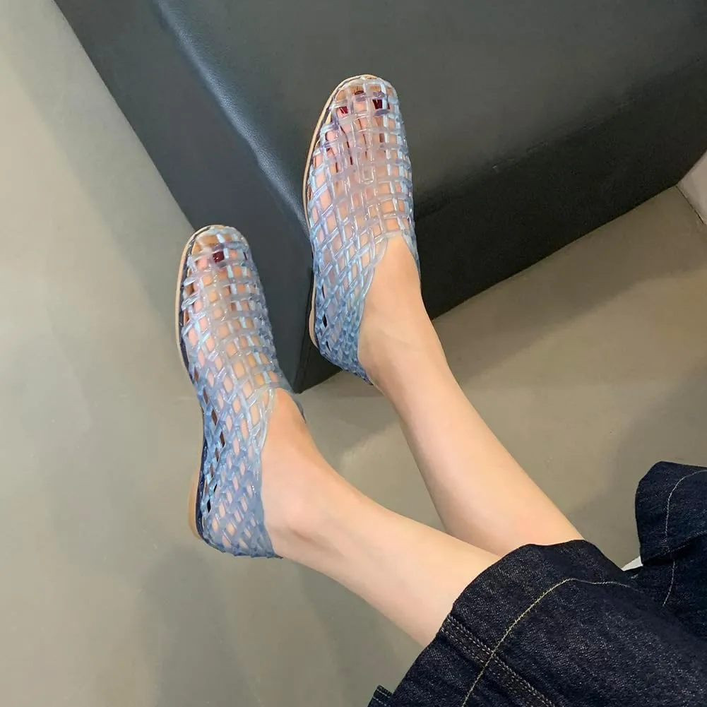 Jelly Mesh Ballet Flats for Women Slip-On Square Toe Lightweight Breathable Summer Slides Clear Hollow Jelly Sandals Beach Ballerina Jellies Shoes 2024 Newly