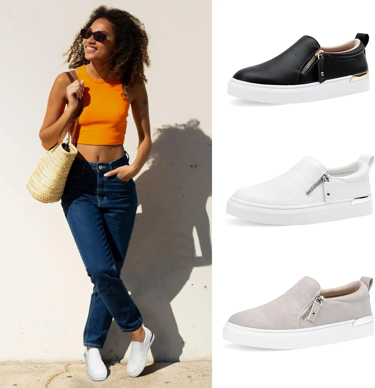 Jeossy Women's Slip On Shoes Casual Fashion Sneakers 8010 Arch Support Loafers for Women with Zipper