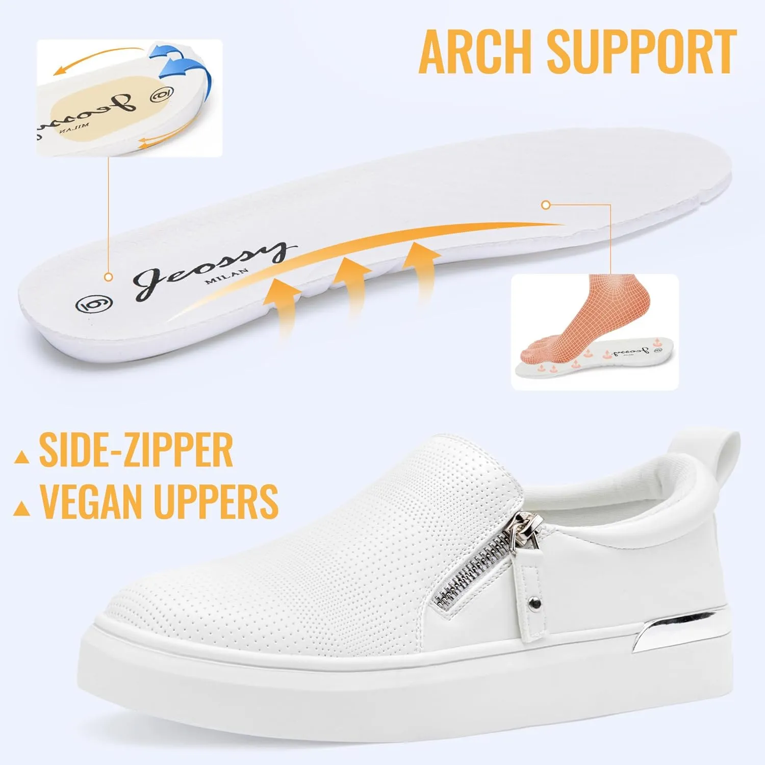 Jeossy Women's Slip On Shoes Casual Fashion Sneakers 8010 Arch Support Loafers for Women with Zipper