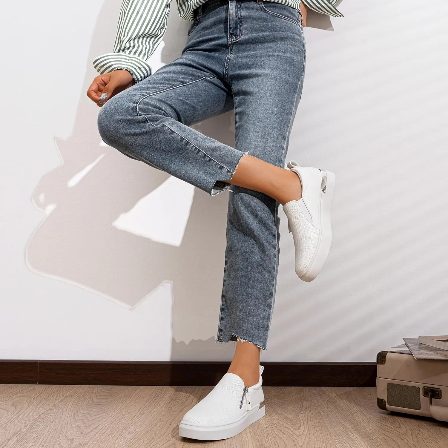 Jeossy Women's Slip On Shoes Casual Fashion Sneakers 8010 Arch Support Loafers for Women with Zipper