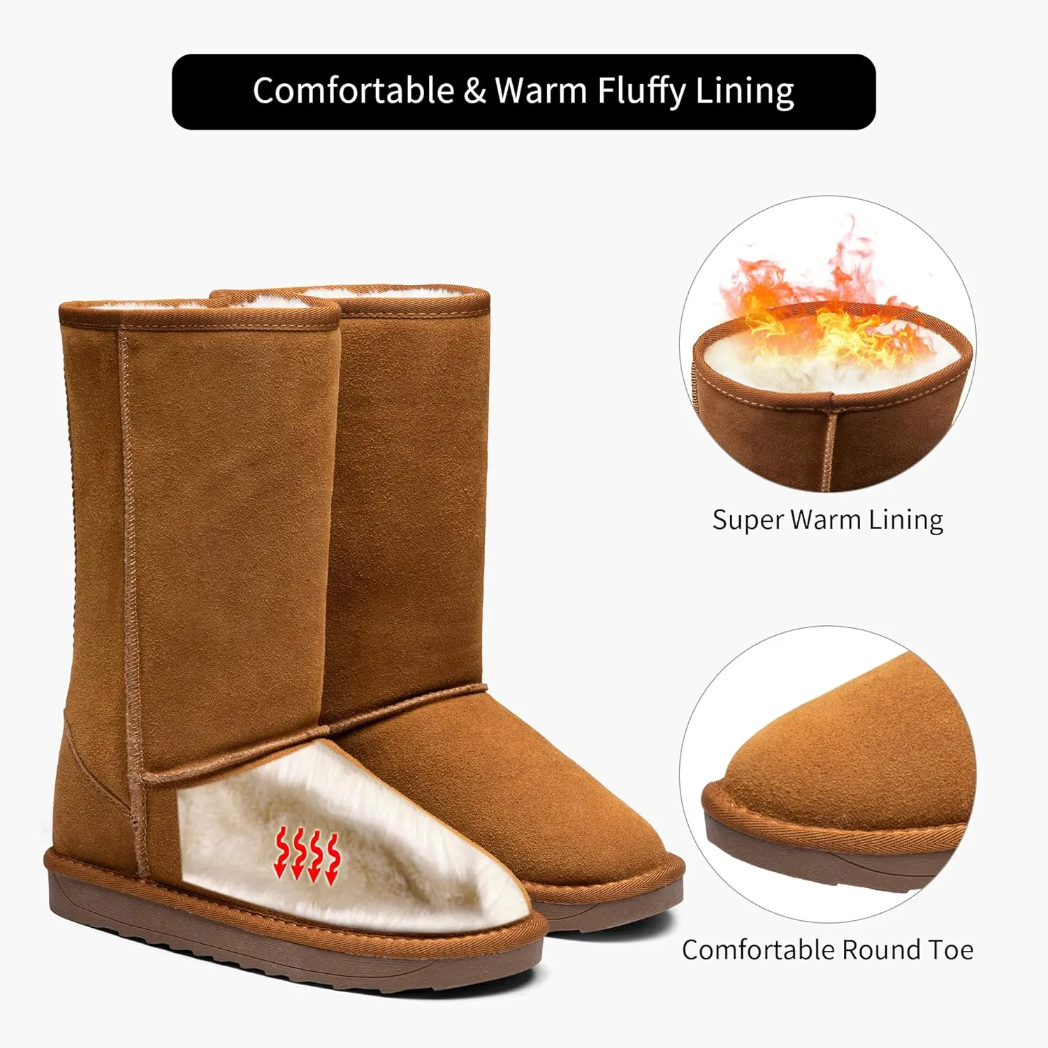 Jeossy Women's Winter Snow Boots, Warm Suede Fur Slip on Mid Calf Plush Fuzzy Tall Shoes