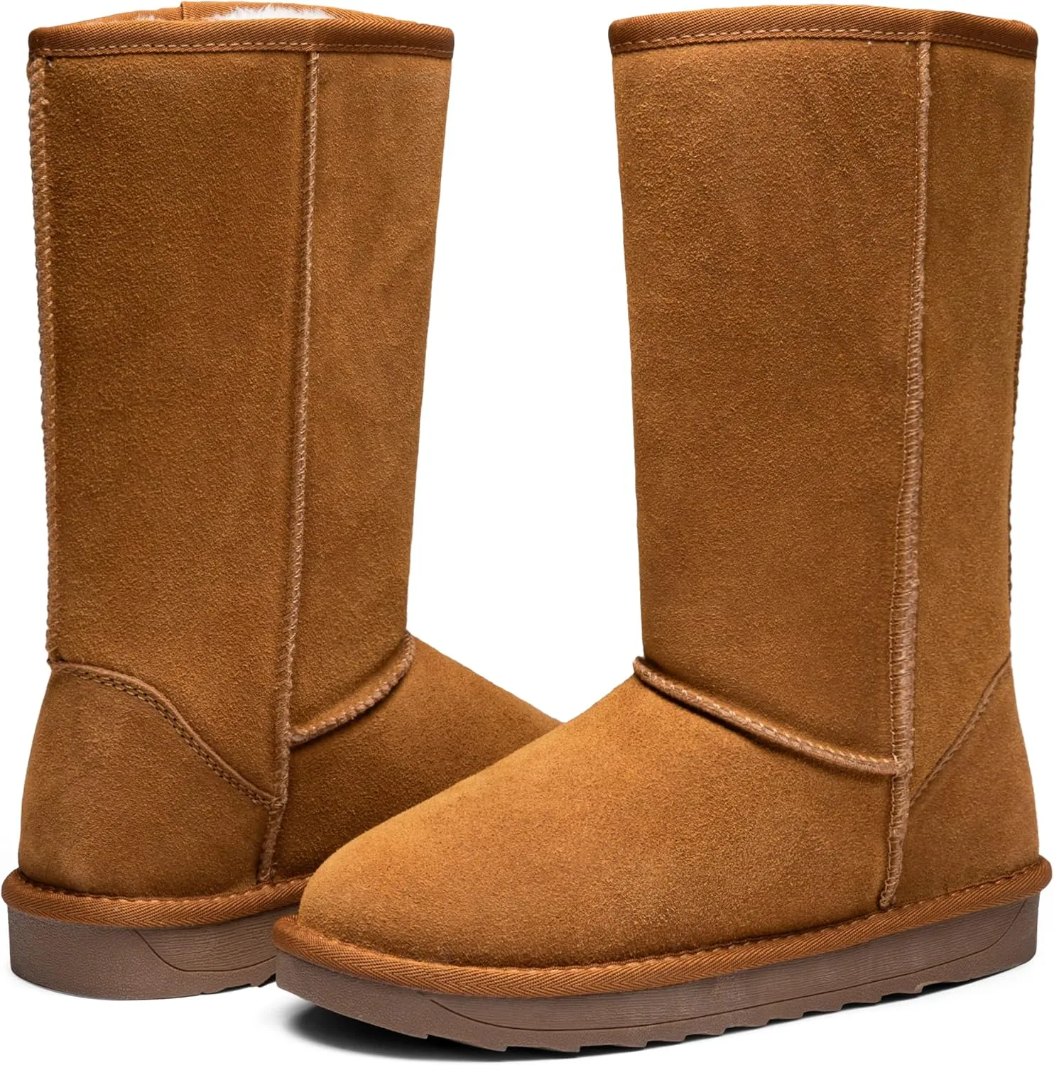Jeossy Women's Winter Snow Boots, Warm Suede Fur Slip on Mid Calf Plush Fuzzy Tall Shoes